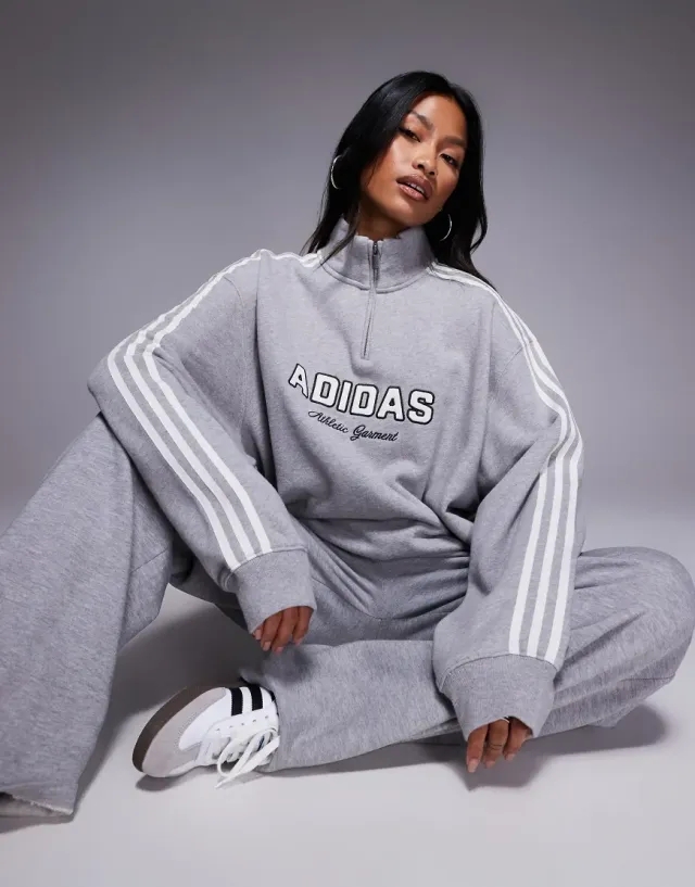 Adidas Originals 1/4 Zip Sweatshirt In Grey With Front Graphic