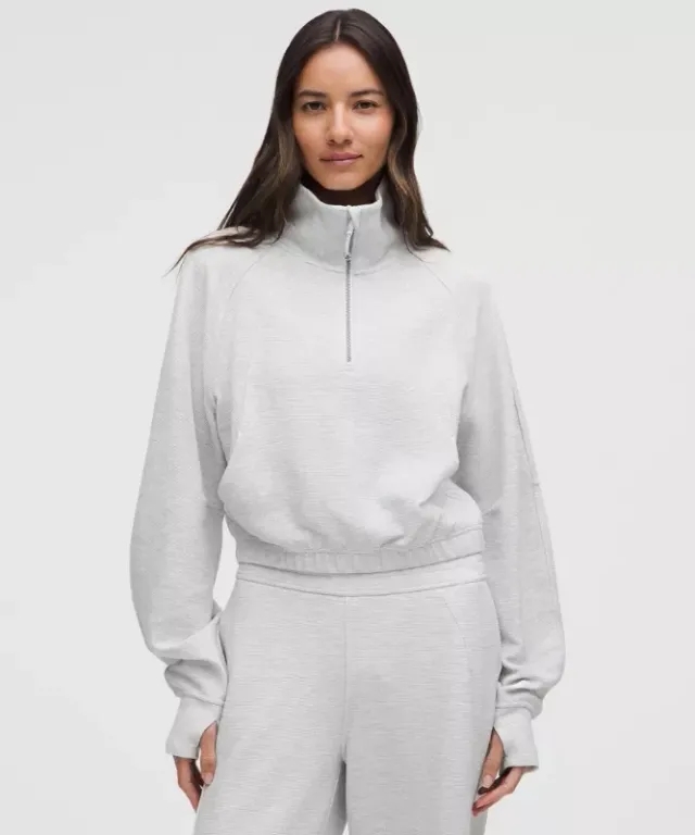 lululemon – Women's Scuba Cropped Funnel-Neck Half Zip Sweatshirt Waffle – Color Light Grey/Grey – Size XL
