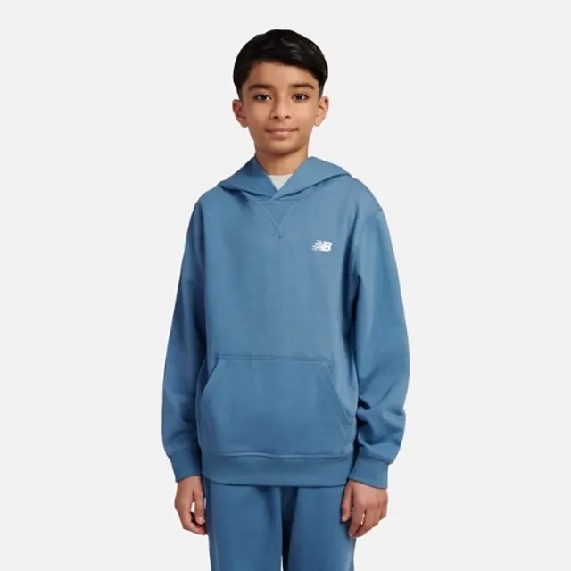 New Balance Boys French Terry Small Logo Hoodie in Blue Cotton