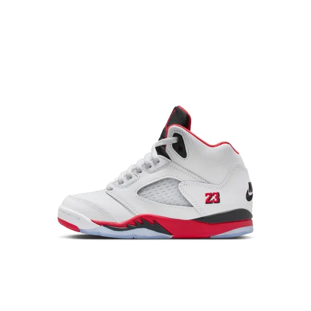 Nike Jordan 5 Retro Fire Red Black Tongue Little Kids' Shoes - White