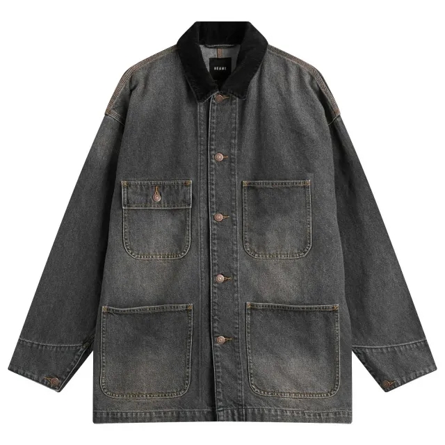 BEAMS Men's Denim Loose Coverall Jacket Black