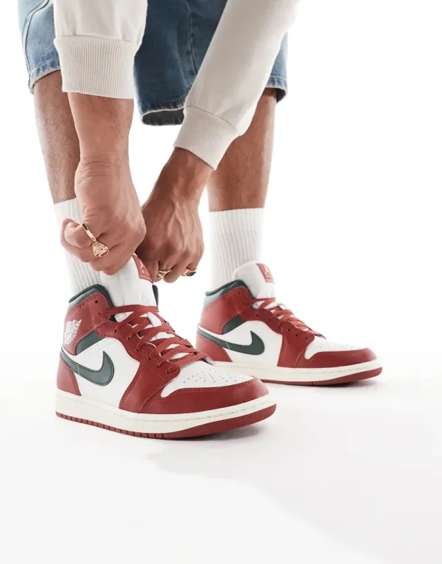 Nike Air Jordan 1 Mid Trainers In Red And Green