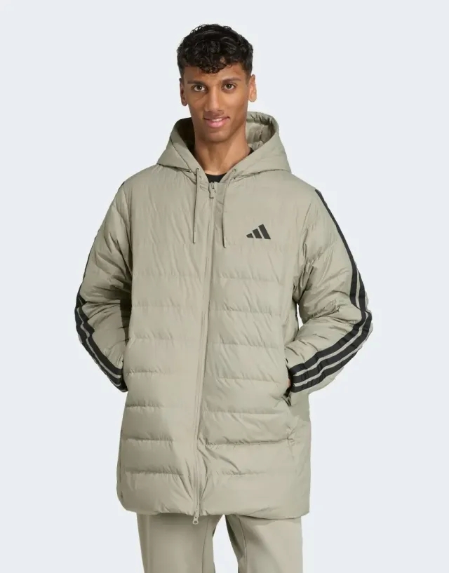 Adidas Performance Essentials Climawarm 3-Stripes Light Down Hooded Parka In Silver Pebble
