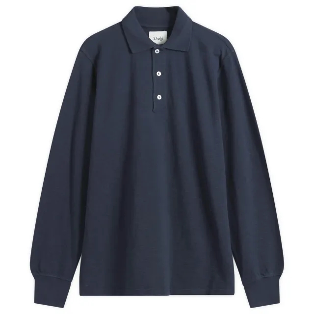 Drake's Men's Long Sleeve Pique Jersey Polo Navy
