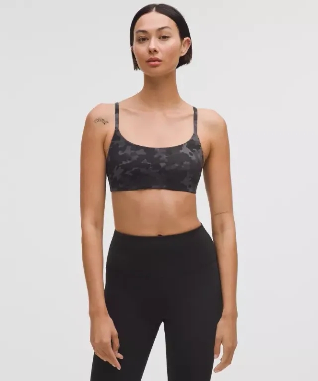 lululemon – Women's Wunder Train Strappy Racer Sports Bra Light Support, A/B Cup – Color Camo/Black – Size 10