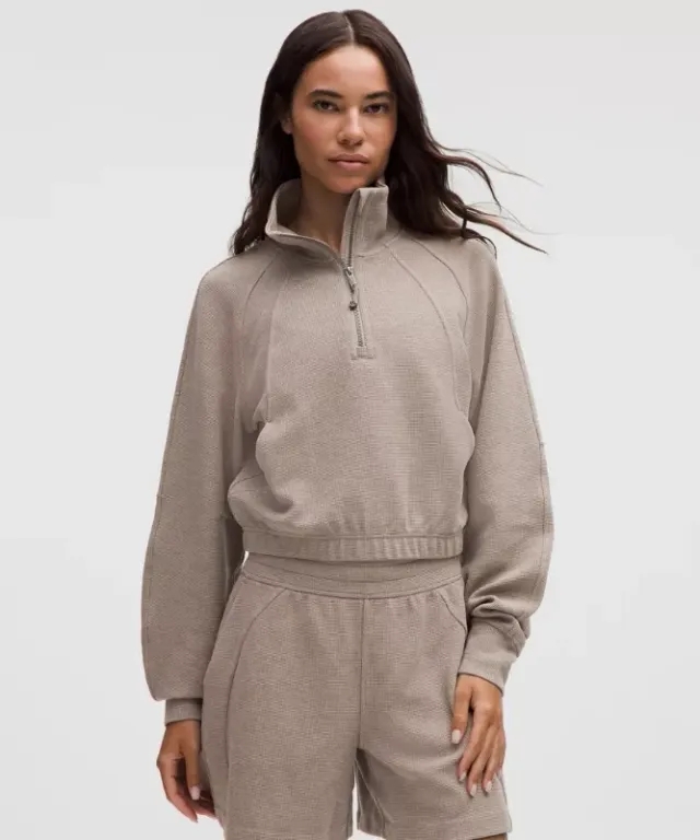 lululemon – Women's Scuba Cropped Funnel-Neck Half Zip Sweatshirt Waffle – Color Grey – Size Large