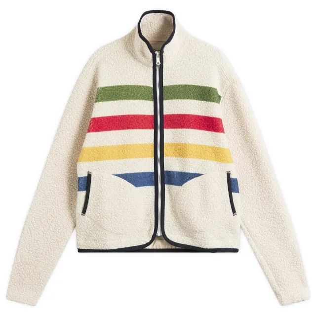 Drake's Men's Striped Boucle Wool Fleece Jacket Ecru