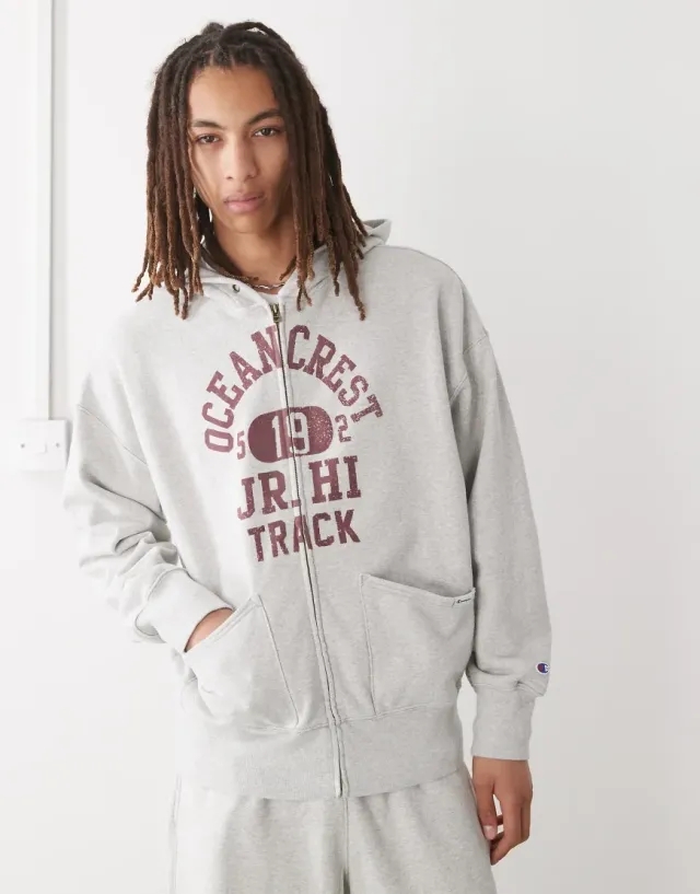 Champion Full Zip Graphic Hoodie In Grey