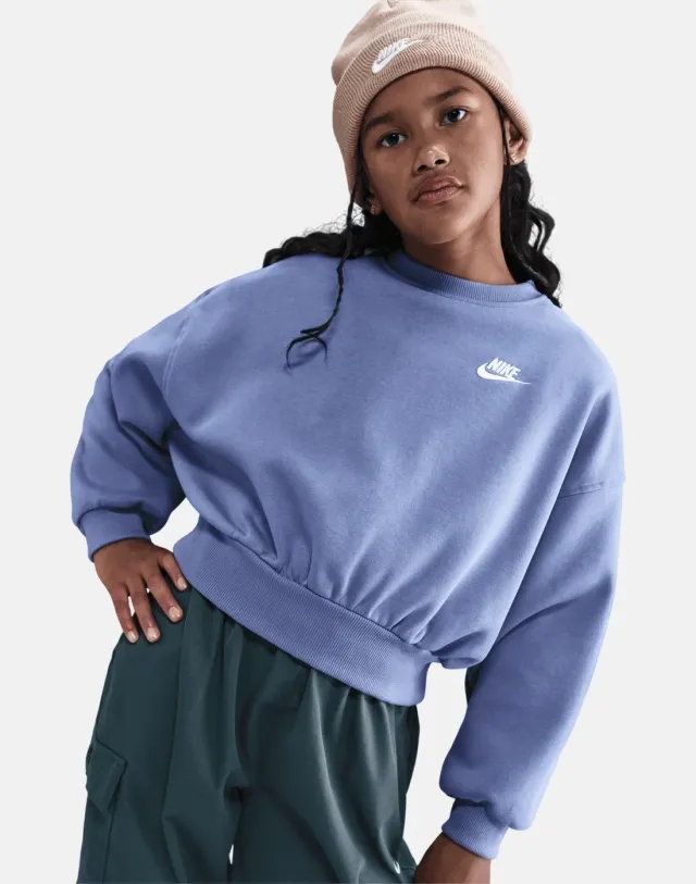 Nike Older Kids Club Boxy Crew Neck Sweatshirt in Blue/White 