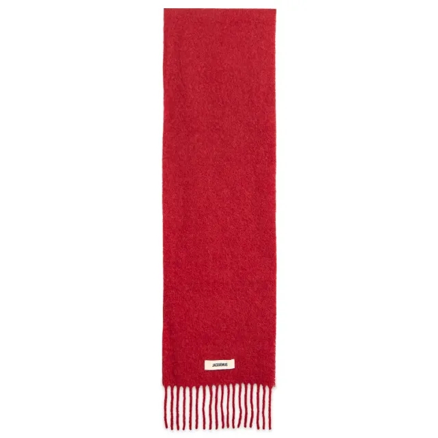 Jacquemus Men's Mohair Alpaca Grosgrain Logo Scarf Dark Red