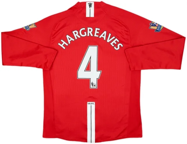 2007-09 Manchester United Home L/S Shirt Hargreaves #4 - 9/10 - (M)