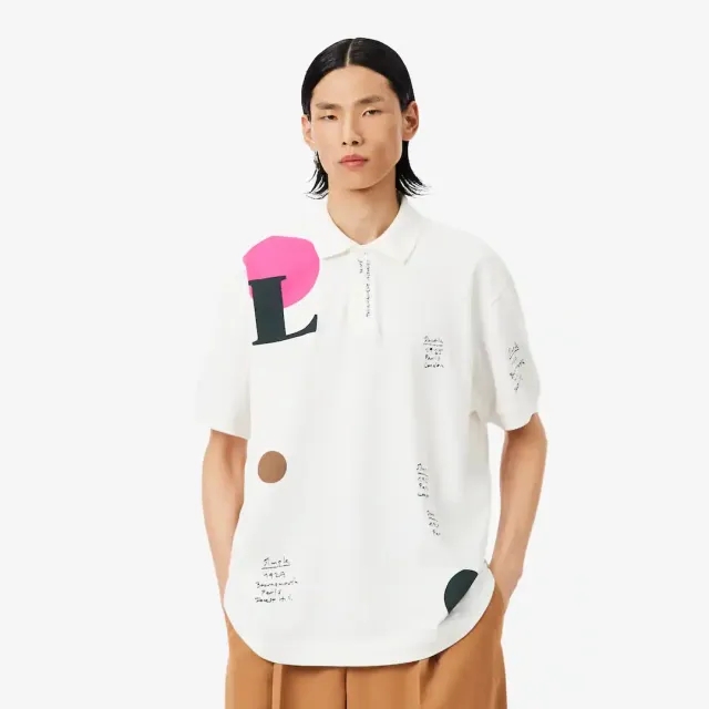 Lacoste Runway Loose Fit Graphic Piqué Polo Shirt - White