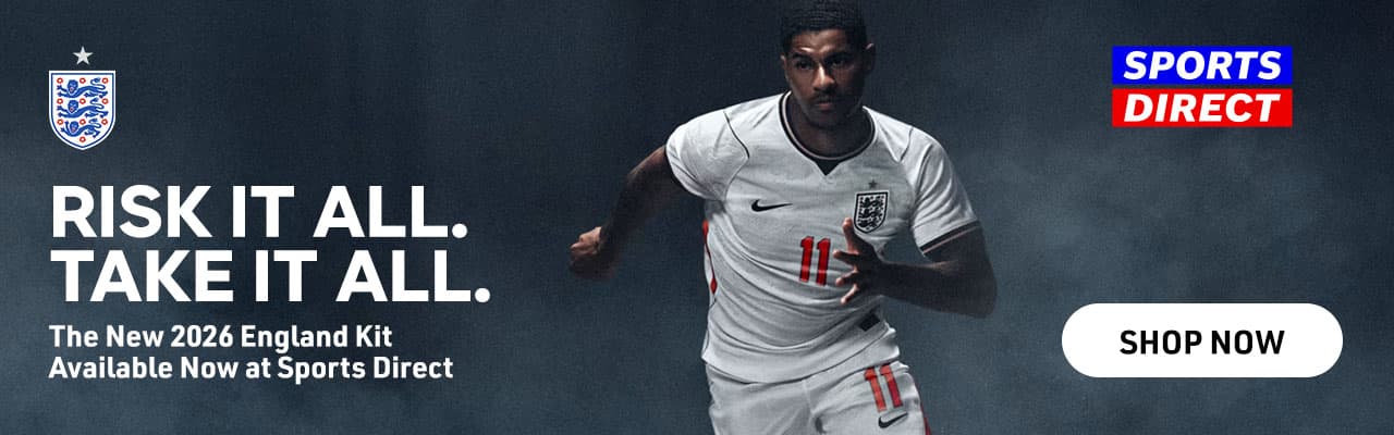 Risk it all. Take it all. The new 2026 England kit available now at Sports Direct